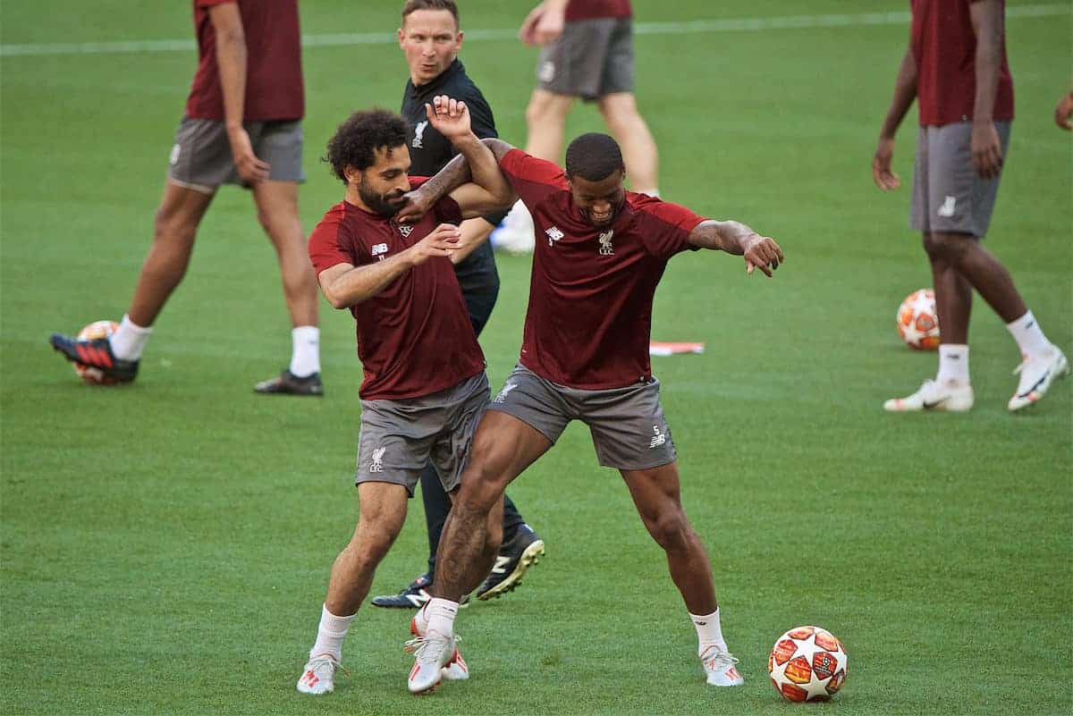 MADRID, SPAIN - Friday, May 31, 2019: Liverpool's Mohamed Salah (L) and Georginio Wijnaldum during a training session ahead of the UEFA Champions League Final match between Tottenham Hotspur FC and Liverpool FC at the Estadio Metropolitano. (Pic by David Rawcliffe/Propaganda)