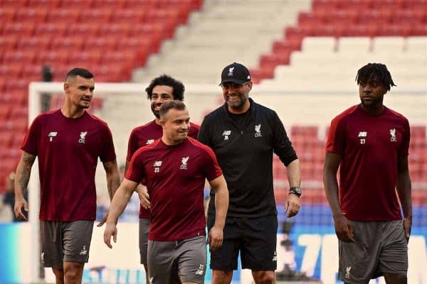 MADRID, SPAIN - Friday, May 31, 2019: Liverpool's Dejan Lovren, Mohamed Salah, Xherdan Shaqiri, manager Jürgen Klopp and Divock Origi during a training session ahead of the UEFA Champions League Final match between Tottenham Hotspur FC and Liverpool FC at the Estadio Metropolitano. (Pic by Handout/UEFA)