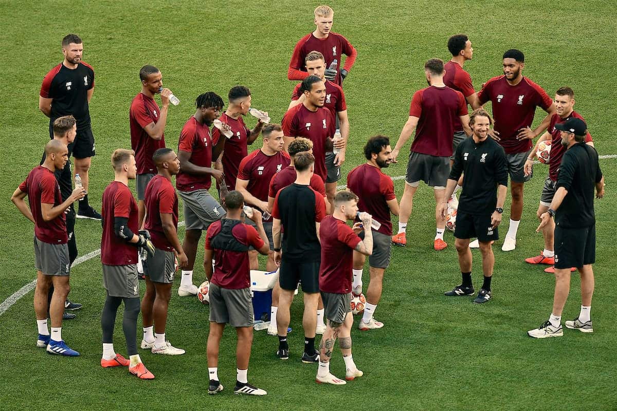 MADRID, SPAIN - Friday, May 31, 2019: Liverpool players during a training session ahead of the UEFA Champions League Final match between Tottenham Hotspur FC and Liverpool FC at the Estadio Metropolitano. (Pic by Handout/UEFA)
