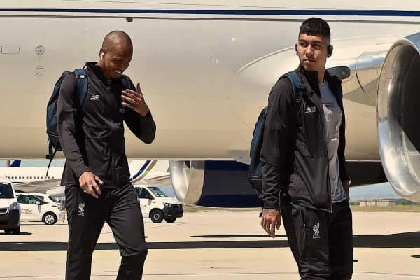 MADRID, SPAIN - Friday, May 31, 2019: Liverpool's Fabio Henrique Tavares 'Fabinho' (L) and Roberto Firmino arrive at Adolfo Suarez Madrid-Barajas Airport ahead of the UEFA Champions League Final match between Tottenham Hotspur FC and Liverpool FC at the Estadio Metropolitano. (Pic by Handout/UEFA)