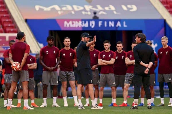 MADRID, SPAIN - Friday, May 31, 2019: Liverpool's manager Jürgen Klopp during a training session ahead of the UEFA Champions League Final match between Tottenham Hotspur FC and Liverpool FC at the Estadio Metropolitano. (Pic by Handout/UEFA)