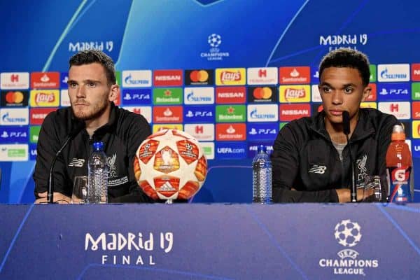 MADRID, SPAIN - Friday, May 31, 2019: Liverpool'sAndy Robertson (L) and Trent Alexander-Arnold during a press conference ahead of the UEFA Champions League Final match between Tottenham Hotspur FC and Liverpool FC at the Estadio Metropolitano. (Pic by Handout/UEFA)