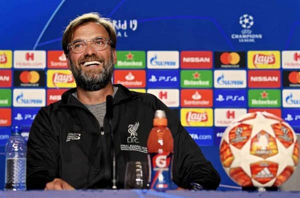 MADRID, SPAIN - Friday, May 31, 2019: Liverpool's manager Jürgen Klopp during a press conference ahead of the UEFA Champions League Final match between Tottenham Hotspur FC and Liverpool FC at the Estadio Metropolitano. (Pic by Handout/UEFA)