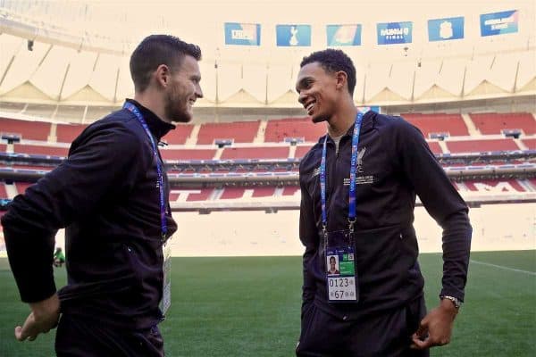 MADRID, SPAIN - Friday, May 31, 2019: Liverpool's Andy Robertson (L) and Trent Alexander-Arnold before a training session ahead of the UEFA Champions League Final match between Tottenham Hotspur FC and Liverpool FC at the Estadio Metropolitano. (Pic by Handout/UEFA)