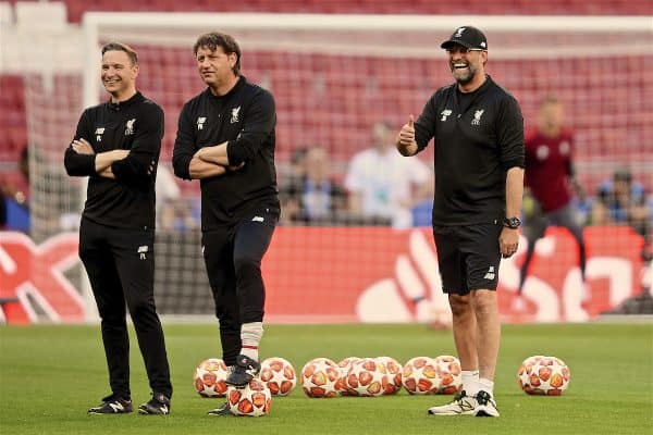 MADRID, SPAIN - Friday, May 31, 2019: Liverpool's manager Jürgen Klopp (R) with first-team development coach Pepijn Lijnders (L) and assistant manager Peter Krawietz (C) during a training session ahead of the UEFA Champions League Final match between Tottenham Hotspur FC and Liverpool FC at the Estadio Metropolitano. (Pic by Handout/UEFA)