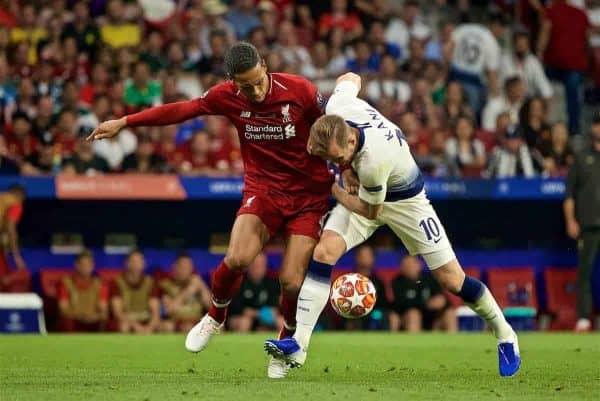 MADRID, SPAIN - SATURDAY, JUNE 1, 2019: Liverpool's Virgil van Dijk (L) and Tottenham Hotspur's Harry Kane during the UEFA Champions League Final match between Tottenham Hotspur FC and Liverpool FC at the Estadio Metropolitano. (Pic by David Rawcliffe/Propaganda)