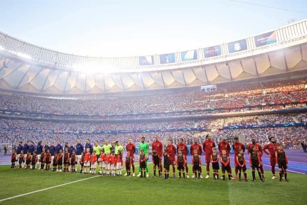 MADRID, SPAIN - SATURDAY, JUNE 1, 2019: Liverpool and Tottenham Hotspur players line up before the UEFA Champions League Final match between Tottenham Hotspur FC and Liverpool FC at the Estadio Metropolitano. (Pic by David Rawcliffe/Propaganda)