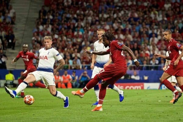 MADRID, SPAIN - SATURDAY, JUNE 1, 2019: Liverpool's Divock Origi scores the second goal during the UEFA Champions League Final match between Tottenham Hotspur FC and Liverpool FC at the Estadio Metropolitano. (Pic by David Rawcliffe/Propaganda)