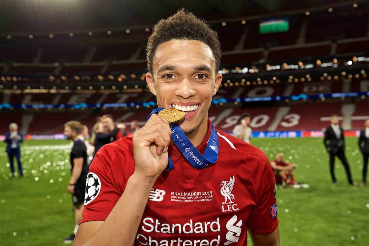 MADRID, SPAIN - SATURDAY, JUNE 1, 2019: Liverpool's Trent Alexander-Arnold bites his winners' medal after the UEFA Champions League Final match between Tottenham Hotspur FC and Liverpool FC at the Estadio Metropolitano. Liverpool won 2-0 to win their sixth European Cup. (Pic by David Rawcliffe/Propaganda)