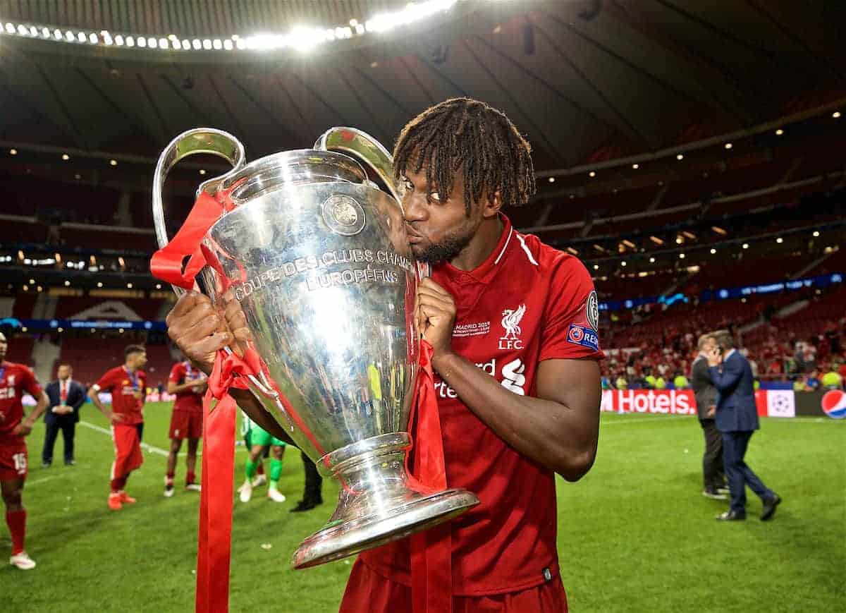 MADRID, SPAIN - SATURDAY, JUNE 1, 2019: Liverpool's goal-scorer Divock Origi kisses the trophy after the UEFA Champions League Final match between Tottenham Hotspur FC and Liverpool FC at the Estadio Metropolitano. Liverpool won 2-0 to win their sixth European Cup. (Pic by David Rawcliffe/Propaganda)