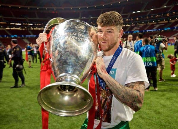 MADRID, SPAIN - SATURDAY, JUNE 1, 2019: Liverpool's Alberto Moreno with the trophy after the UEFA Champions League Final match between Tottenham Hotspur FC and Liverpool FC at the Estadio Metropolitano. Liverpool won 2-0 to win their sixth European Cup. (Pic by David Rawcliffe/Propaganda)