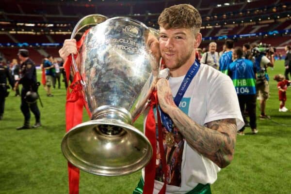 MADRID, SPAIN - SATURDAY, JUNE 1, 2019: Liverpool's Alberto Moreno with the trophy after the UEFA Champions League Final match between Tottenham Hotspur FC and Liverpool FC at the Estadio Metropolitano. Liverpool won 2-0 to win their sixth European Cup. (Pic by David Rawcliffe/Propaganda)