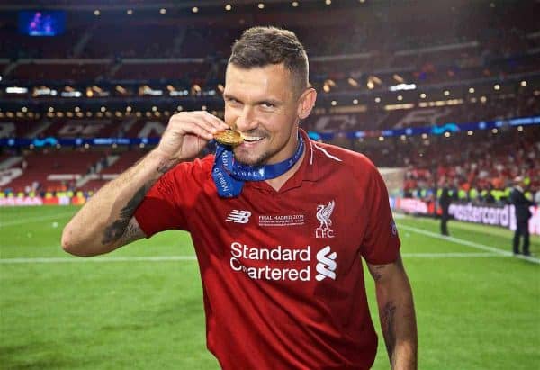 MADRID, SPAIN - SATURDAY, JUNE 1, 2019: Liverpool's Dejan Lovren bites his medal after the UEFA Champions League Final match between Tottenham Hotspur FC and Liverpool FC at the Estadio Metropolitano. Liverpool won 2-0 to win their sixth European Cup. (Pic by David Rawcliffe/Propaganda)