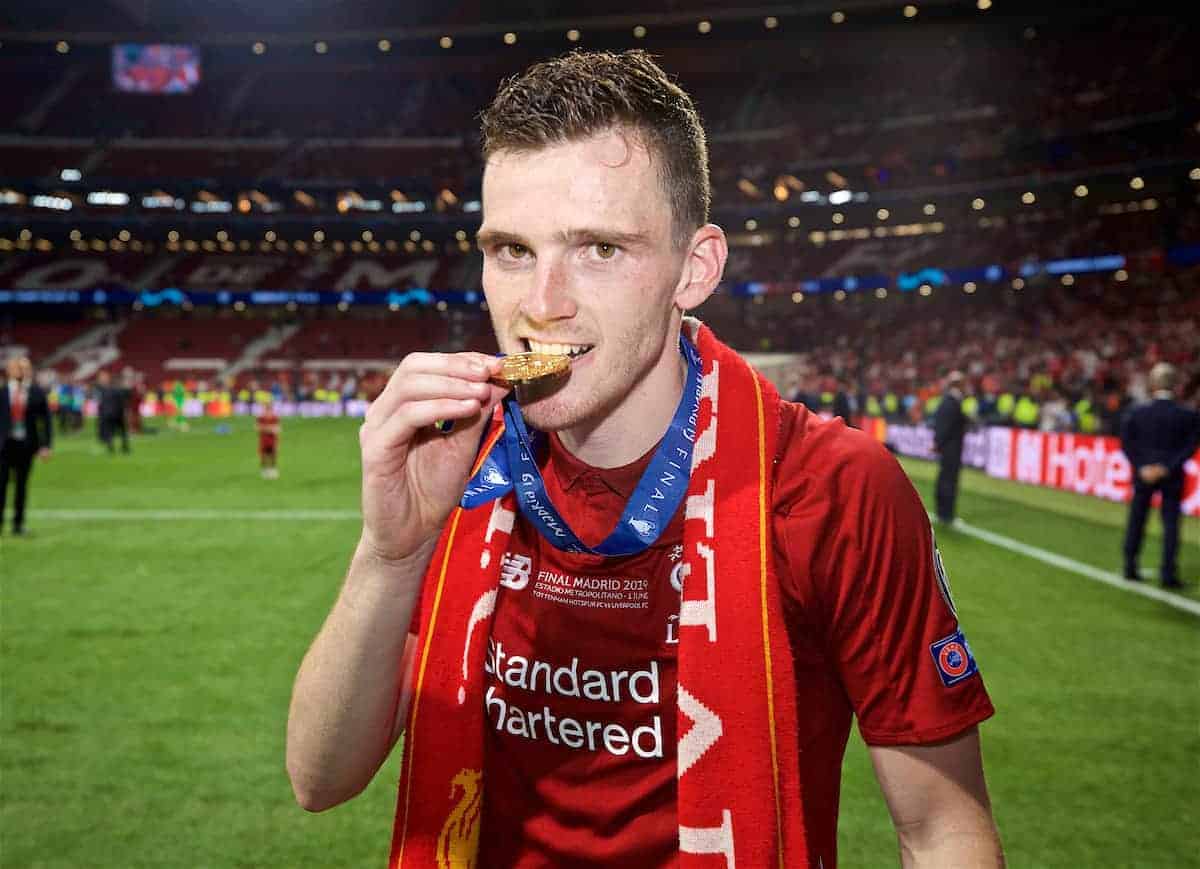 MADRID, SPAIN - SATURDAY, JUNE 1, 2019: Liverpool's Andy Robertson bites his medal after the UEFA Champions League Final match between Tottenham Hotspur FC and Liverpool FC at the Estadio Metropolitano. Liverpool won 2-0 to win their sixth European Cup. (Pic by David Rawcliffe/Propaganda)