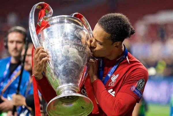 MADRID, SPAIN - SATURDAY, JUNE 1, 2019: Liverpool's Virgil van Dijk kisses the trophy after the UEFA Champions League Final match between Tottenham Hotspur FC and Liverpool FC at the Estadio Metropolitano. Liverpool won 2-0 to win their sixth European Cup. (Pic by David Rawcliffe/Propaganda)