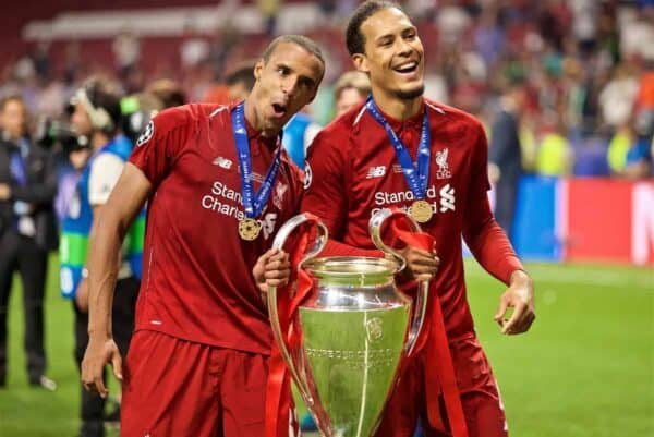 MADRID, SPAIN - SATURDAY, JUNE 1, 2019: Liverpool's Joel Matip (L) and Virgil van Dijk (R) after the UEFA Champions League Final match between Tottenham Hotspur FC and Liverpool FC at the Estadio Metropolitano. Liverpool won 2-0 to win their sixth European Cup. (Pic by David Rawcliffe/Propaganda)