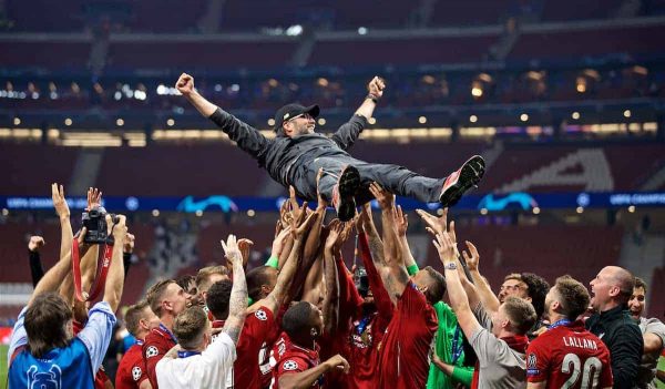 MADRID, SPAIN - SATURDAY, JUNE 1, 2019: Liverpool's manager Jürgen Klopp is thrown into the air by his team after the UEFA Champions League Final match between Tottenham Hotspur FC and Liverpool FC at the Estadio Metropolitano. Liverpool won 2-0 to win their sixth European Cup. (Pic by David Rawcliffe/Propaganda)