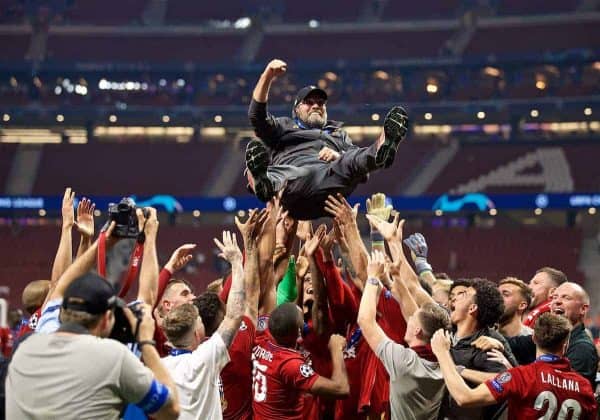 MADRID, SPAIN - SATURDAY, JUNE 1, 2019: Liverpool's manager Jürgen Klopp is thrown into the air by his team after the UEFA Champions League Final match between Tottenham Hotspur FC and Liverpool FC at the Estadio Metropolitano. Liverpool won 2-0 to win their sixth European Cup. (Pic by David Rawcliffe/Propaganda)