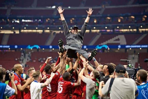 MADRID, SPAIN - SATURDAY, JUNE 1, 2019: Liverpool's manager Jürgen Klopp is thrown into the air by his team after the UEFA Champions League Final match between Tottenham Hotspur FC and Liverpool FC at the Estadio Metropolitano. Liverpool won 2-0 to win their sixth European Cup. (Pic by David Rawcliffe/Propaganda)
