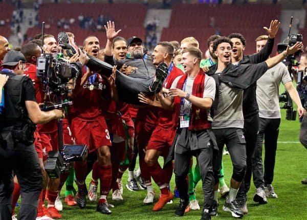 MADRID, SPAIN - SATURDAY, JUNE 1, 2019: Liverpool's manager Jürgen Klopp is thrown into the air by his team after the UEFA Champions League Final match between Tottenham Hotspur FC and Liverpool FC at the Estadio Metropolitano. Liverpool won 2-0 to win their sixth European Cup. (Pic by David Rawcliffe/Propaganda)