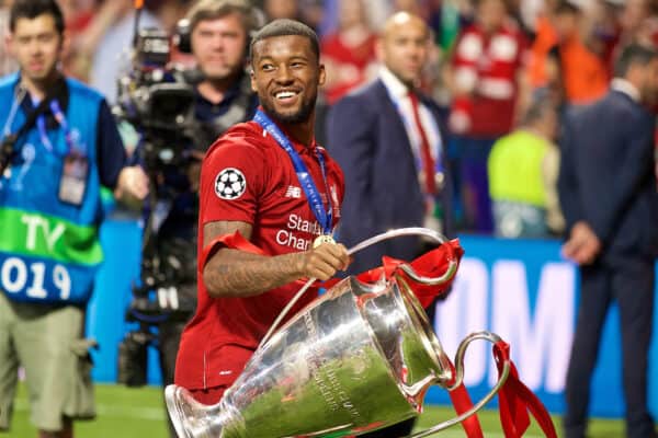 MADRID, SPAIN - SATURDAY, JUNE 1, 2019: Liverpool's Georginio Wijnaldum with the trophy after the UEFA Champions League Final match between Tottenham Hotspur FC and Liverpool FC at the Estadio Metropolitano. Liverpool won 2-0 to win their sixth European Cup. (Pic by David Rawcliffe/Propaganda)