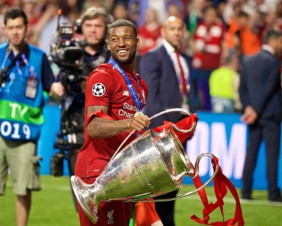 MADRID, SPAIN - SATURDAY, JUNE 1, 2019: Liverpool's Georginio Wijnaldum with the trophy after the UEFA Champions League Final match between Tottenham Hotspur FC and Liverpool FC at the Estadio Metropolitano. Liverpool won 2-0 to win their sixth European Cup. (Pic by David Rawcliffe/Propaganda)