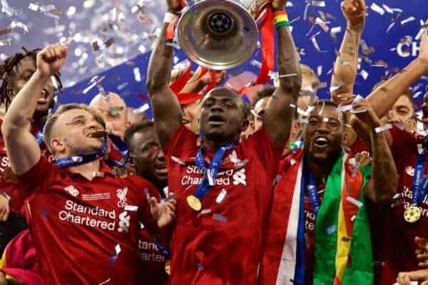 MADRID, SPAIN - SATURDAY, JUNE 1, 2019: Liverpool's Sadio Mane lifts the trophy after the UEFA Champions League Final match between Tottenham Hotspur FC and Liverpool FC at the Estadio Metropolitano. Liverpool won 2-0 to win their sixth European Cup. (Pic by David Rawcliffe/Propaganda)