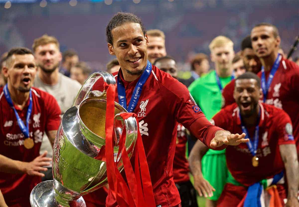 MADRID, SPAIN - SATURDAY, JUNE 1, 2019: Liverpool's Virgil van Dijk lifts the trophy after the UEFA Champions League Final match between Tottenham Hotspur FC and Liverpool FC at the Estadio Metropolitano. Liverpool won 2-0 to win their sixth European Cup. (Pic by David Rawcliffe/Propaganda)