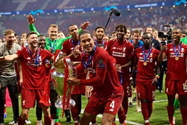 MADRID, SPAIN - SATURDAY, JUNE 1, 2019: Liverpool's Virgil van Dijk lifts the trophy after the UEFA Champions League Final match between Tottenham Hotspur FC and Liverpool FC at the Estadio Metropolitano. Liverpool won 2-0 to win their sixth European Cup. (Pic by David Rawcliffe/Propaganda)