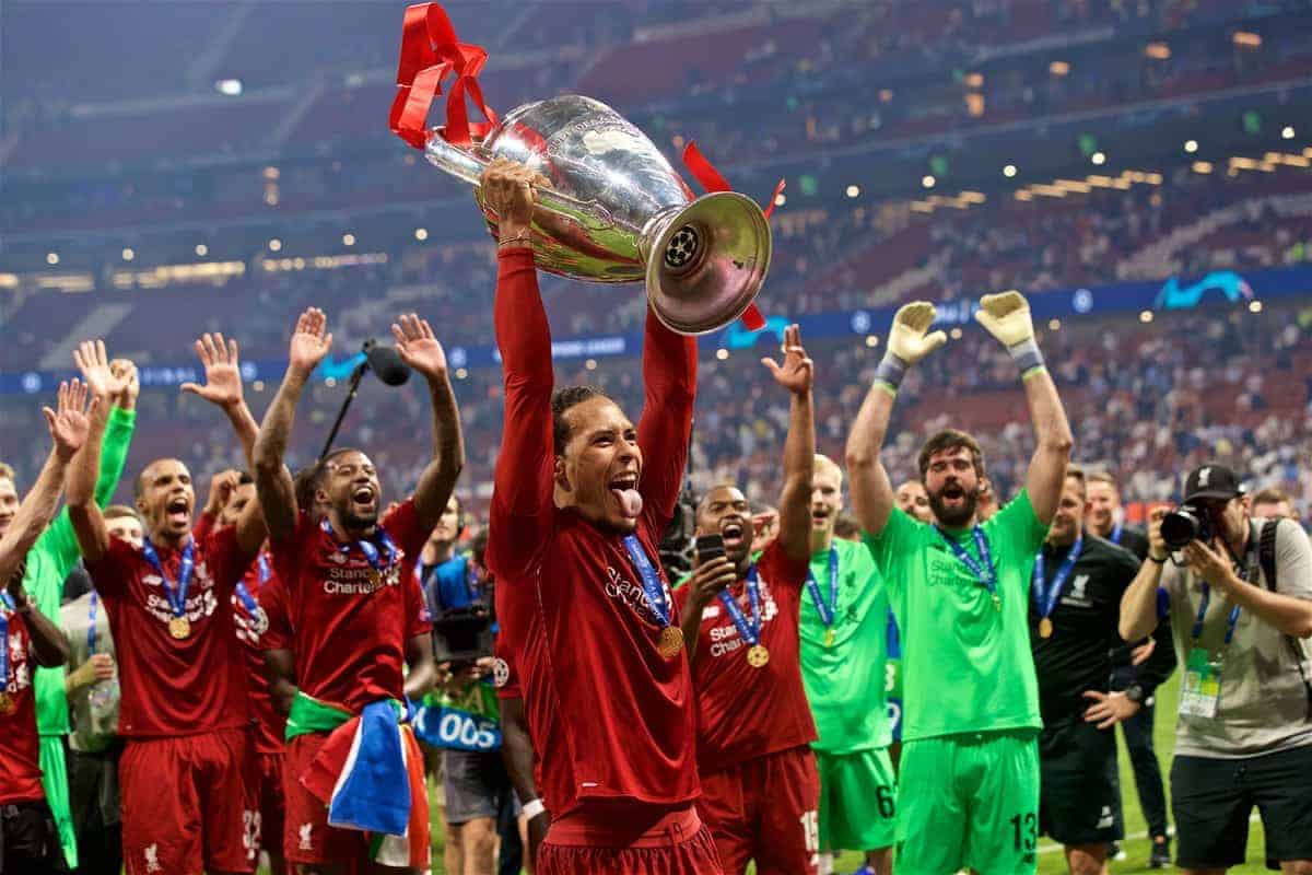 MADRID, SPAIN - SATURDAY, JUNE 1, 2019: Liverpool's Virgil van Dijk lifts the trophy after the UEFA Champions League Final match between Tottenham Hotspur FC and Liverpool FC at the Estadio Metropolitano. Liverpool won 2-0 to win their sixth European Cup. (Pic by David Rawcliffe/Propaganda)