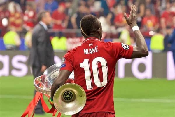 MADRID, SPAIN - SATURDAY, JUNE 1, 2019: Liverpool's Sadio Mane with the trophy after the UEFA Champions League Final match between Tottenham Hotspur FC and Liverpool FC at the Estadio Metropolitano. Liverpool won 2-0 to win their sixth European Cup. (Pic by David Rawcliffe/Propaganda)