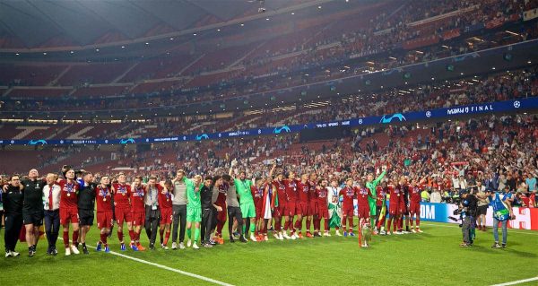 MADRID, SPAIN - SATURDAY, JUNE 1, 2019: Liverpool's players celebrate with the trophy after the UEFA Champions League Final match between Tottenham Hotspur FC and Liverpool FC at the Estadio Metropolitano. Liverpool won 2-0 to win their sixth European Cup. (Pic by David Rawcliffe/Propaganda)