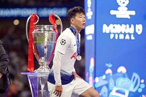 MADRID, SPAIN - SATURDAY, JUNE 1, 2019: Tottenham Hotspur's Son Heung-min walks past the trophy dejectedly after losing the UEFA Champions League Final match between Tottenham Hotspur FC and Liverpool FC at the Estadio Metropolitano. Liverpool won 2-0 tp win their sixth European Cup. (Pic by David Rawcliffe/Propaganda)