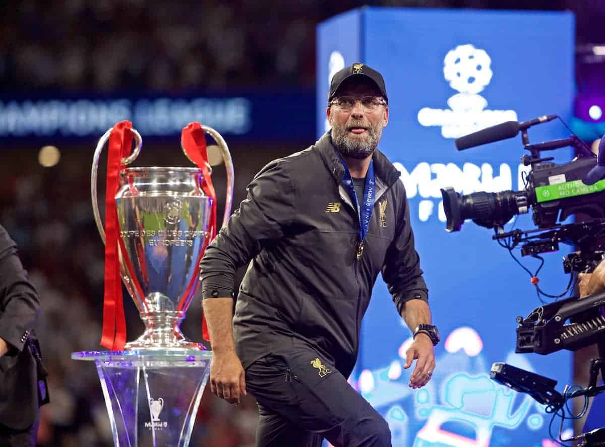 MADRID, SPAIN - SATURDAY, JUNE 1, 2019: Liverpool's manager Jürgen Klopp walks past the trophy after the UEFA Champions League Final match between Tottenham Hotspur FC and Liverpool FC at the Estadio Metropolitano. Liverpool won 2-0 tp win their sixth European Cup. (Pic by David Rawcliffe/Propaganda)