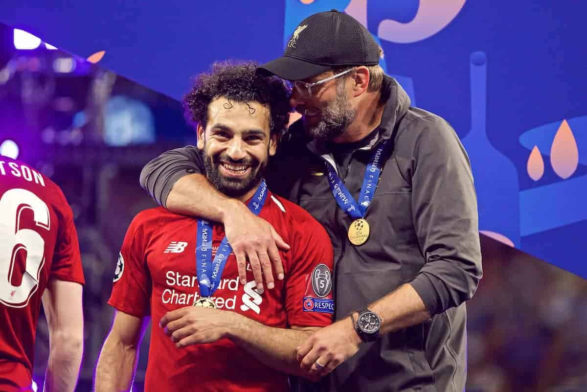 MADRID, SPAIN - SATURDAY, JUNE 1, 2019: Liverpool's manager Jürgen Klopp celebrates with Mohamed Salahafter the UEFA Champions League Final match between Tottenham Hotspur FC and Liverpool FC at the Estadio Metropolitano. Liverpool won 2-0 tp win their sixth European Cup. (Pic by David Rawcliffe/Propaganda)