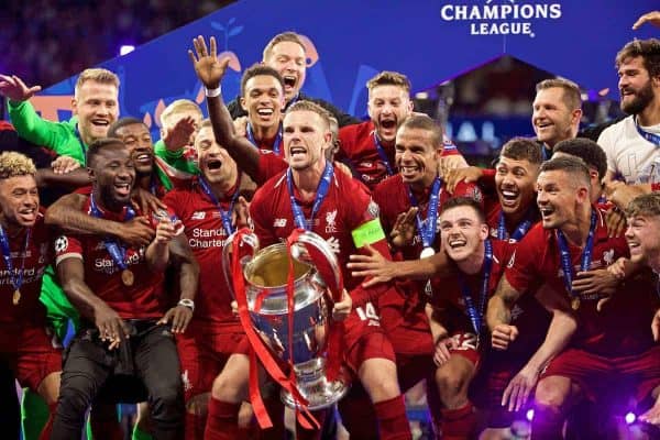 MADRID, SPAIN - SATURDAY, JUNE 1, 2019: Liverpool's captain Jordan Henderson lifts the trophy after the UEFA Champions League Final match between Tottenham Hotspur FC and Liverpool FC at the Estadio Metropolitano. Liverpool won 2-0 tp win their sixth European Cup. (Pic by David Rawcliffe/Propaganda)