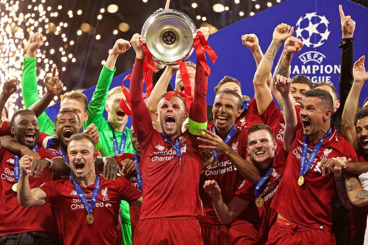 MADRID, SPAIN - SATURDAY, JUNE 1, 2019: Liverpool's captain Jordan Henderson lifts the trophy after the UEFA Champions League Final match between Tottenham Hotspur FC and Liverpool FC at the Estadio Metropolitano. Liverpool won 2-0 tp win their sixth European Cup. (Pic by David Rawcliffe/Propaganda)