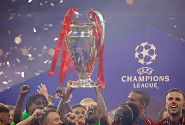 MADRID, SPAIN - SATURDAY, JUNE 1, 2019: Liverpool's Georginio Wijnaldum lifts the trophy after the UEFA Champions League Final match between Tottenham Hotspur FC and Liverpool FC at the Estadio Metropolitano. Liverpool won 2-0 tp win their sixth European Cup. (Pic by David Rawcliffe/Propaganda)