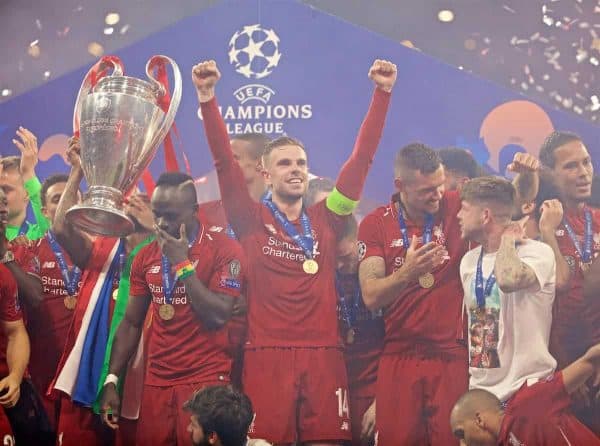 MADRID, SPAIN - SATURDAY, JUNE 1, 2019: Liverpool's captain Jordan Henderson celebrates after the UEFA Champions League Final match between Tottenham Hotspur FC and Liverpool FC at the Estadio Metropolitano. Liverpool won 2-0 tp win their sixth European Cup. (Pic by David Rawcliffe/Propaganda)