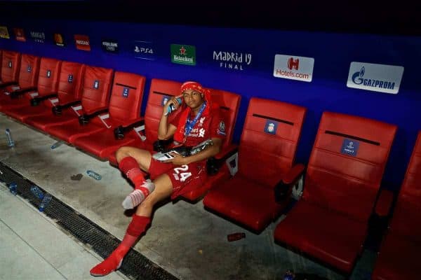 MADRID, SPAIN - SATURDAY, JUNE 1, 2019: Liverpool's Rhian Brewster after the UEFA Champions League Final match between Tottenham Hotspur FC and Liverpool FC at the Estadio Metropolitano. Liverpool won 2-0 to win their sixth European Cup. (Pic by David Rawcliffe/Propaganda)