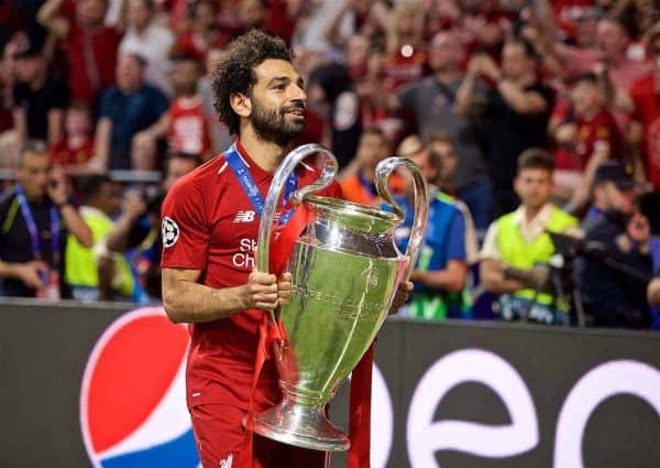 MADRID, SPAIN - SATURDAY, JUNE 1, 2019: Liverpool's Mohamed Salah with the trophy after the UEFA Champions League Final match between Tottenham Hotspur FC and Liverpool FC at the Estadio Metropolitano. Liverpool won 2-0 to win their sixth European Cup. (Pic by David Rawcliffe/Propaganda)