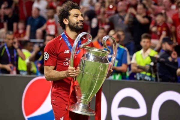 MADRID, SPAIN - SATURDAY, JUNE 1, 2019: Liverpool's Mohamed Salah with the trophy after the UEFA Champions League Final match between Tottenham Hotspur FC and Liverpool FC at the Estadio Metropolitano. Liverpool won 2-0 to win their sixth European Cup. (Pic by David Rawcliffe/Propaganda)