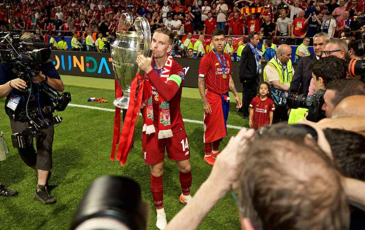 MADRID, SPAIN - SATURDAY, JUNE 1, 2019: Liverpool's captain Jordan Henderson with the trophy after the UEFA Champions League Final match between Tottenham Hotspur FC and Liverpool FC at the Estadio Metropolitano. Liverpool won 2-0 to win their sixth European Cup. (Pic by David Rawcliffe/Propaganda)