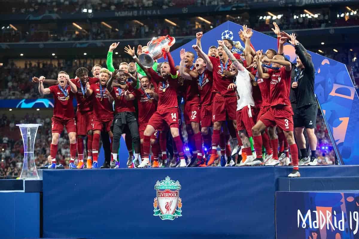 MADRID, SPAIN - SATURDAY, JUNE 1, 2019: Liverpool's captain Jordan Henderson lifts the trophy after the UEFA Champions League Final match between Tottenham Hotspur FC and Liverpool FC at the Estadio Metropolitano. Liverpool won 2-0 to win their sixth European Cup. (Pic by Peter Makadi/Propaganda)