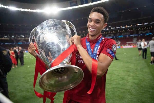 MADRID, SPAIN - SATURDAY, JUNE 1, 2019: Liverpool's Trent Alexander-Arnold celebrates with the trophy after the UEFA Champions League Final match between Tottenham Hotspur FC and Liverpool FC at the Estadio Metropolitano. Liverpool won 2-0 to win their sixth European Cup. (Pic by Peter Makadi/Propaganda)