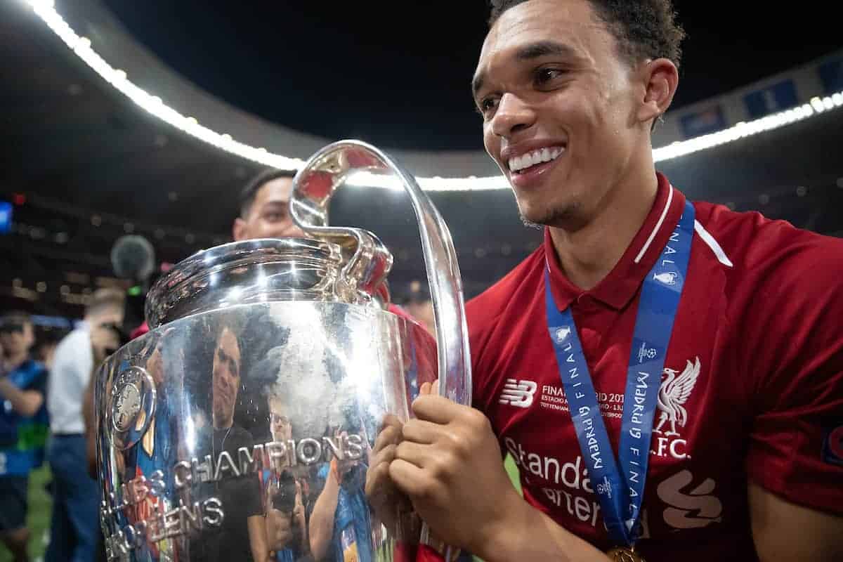 MADRID, SPAIN - SATURDAY, JUNE 1, 2019: Liverpool's Trent Alexander-Arnold celebrates with the trophy after the UEFA Champions League Final match between Tottenham Hotspur FC and Liverpool FC at the Estadio Metropolitano. Liverpool won 2-0 to win their sixth European Cup. (Pic by Peter Makadi/Propaganda)