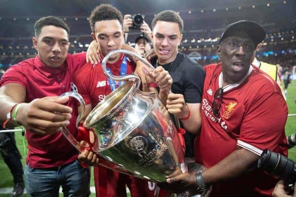 MADRID, SPAIN - SATURDAY, JUNE 1, 2019: Liverpool's Trent Alexander-Arnold celebrates with the trophy and his family after the UEFA Champions League Final match between Tottenham Hotspur FC and Liverpool FC at the Estadio Metropolitano. Liverpool won 2-0 to win their sixth European Cup. (Pic by Peter Makadi/Propaganda)