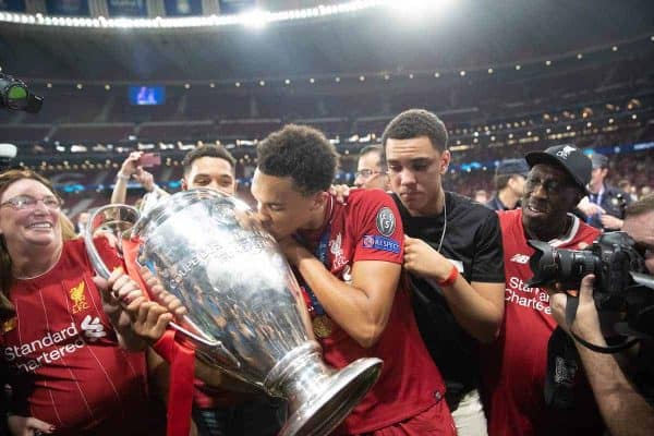 MADRID, SPAIN - SATURDAY, JUNE 1, 2019: Liverpool's Trent Alexander-Arnold celebrates with the trophy and his family after the UEFA Champions League Final match between Tottenham Hotspur FC and Liverpool FC at the Estadio Metropolitano. Liverpool won 2-0 to win their sixth European Cup. (Pic by Peter Makadi/Propaganda)