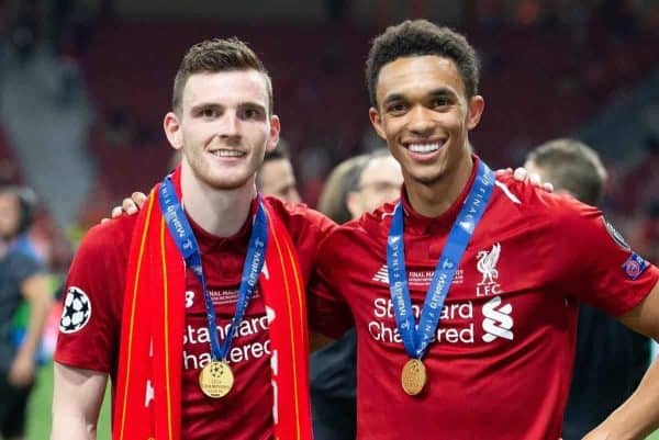 MADRID, SPAIN - SATURDAY, JUNE 1, 2019: Liverpool's Andy Robertson (L) and Trent Alexander-Arnold after the UEFA Champions League Final match between Tottenham Hotspur FC and Liverpool FC at the Estadio Metropolitano. Liverpool won 2-0 to win their sixth European Cup. (Pic by Peter Makadi/Propaganda)