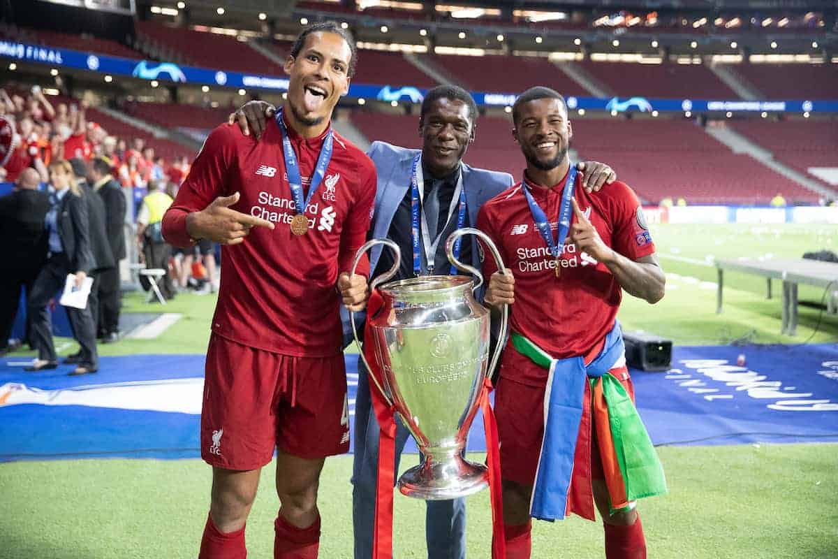 MADRID, SPAIN - SATURDAY, JUNE 1, 2019: Liverpool's Virgil van Dijk (L) and Georginio Wijnaldum after the UEFA Champions League Final match between Tottenham Hotspur FC and Liverpool FC at the Estadio Metropolitano. Liverpool won 2-0 to win their sixth European Cup. (Pic by Peter Makadi/Propaganda)